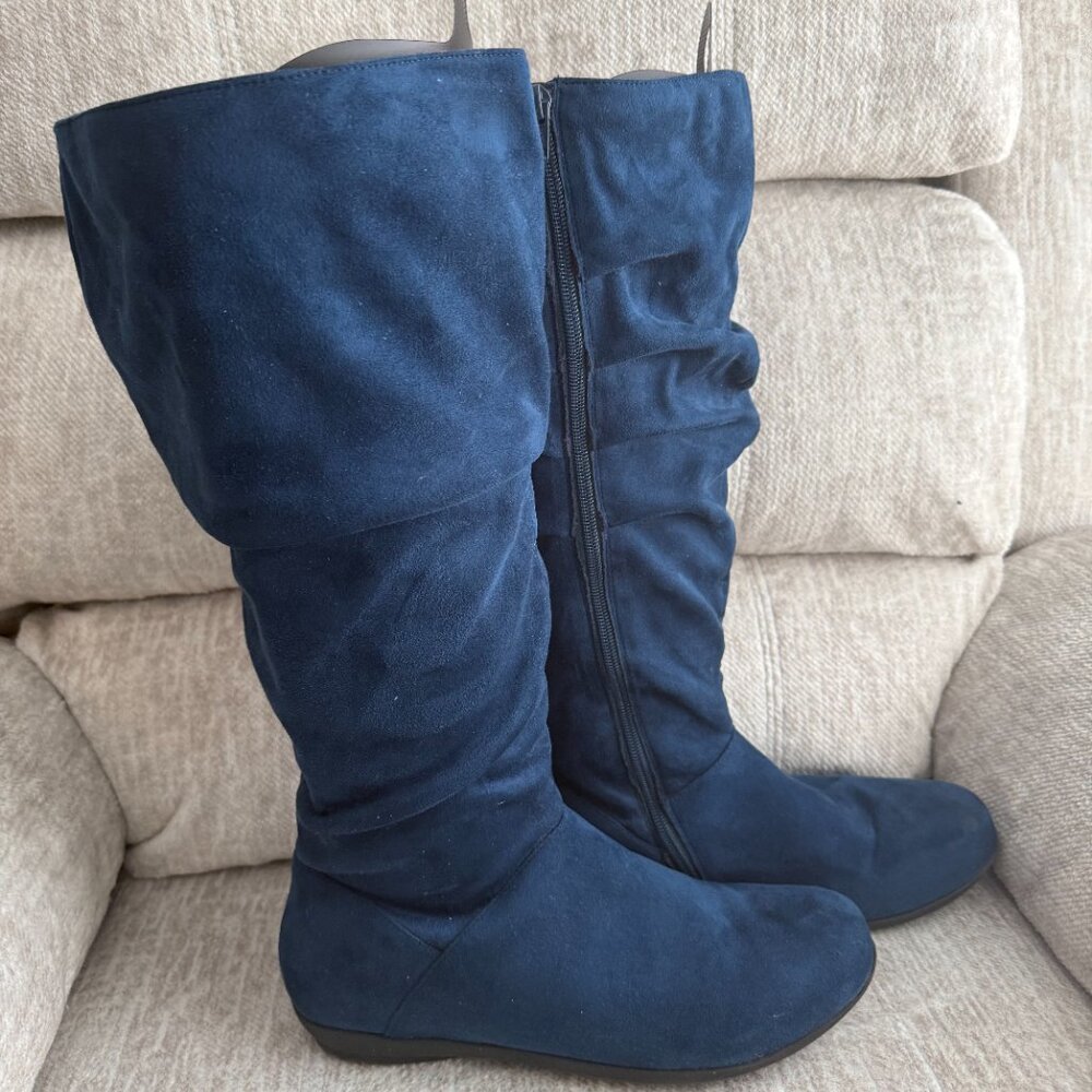 Comfortview "Alanis" Sapphire Blue Faux Suede Tall Wide Calf Riding Boots 10ww
